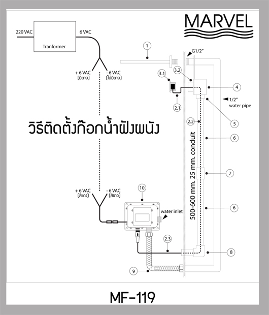 การติดตั้ง ก๊อกน้ำอัตโนมัติ ติดผนัง  MARVEL รุ่น MF-119 ก๊อกน้ำ เซนเซอร์ เปิด ปิด อัตโนมัติ Tel 029785650-2 Automatic faucet ประหยัดน้ำ ปลอดเชื้อโรค ติดตั้งง่าย บริการขนส่งทั่วประเทศ บริการโดยช่างผู้เชี่ยวชาญ 